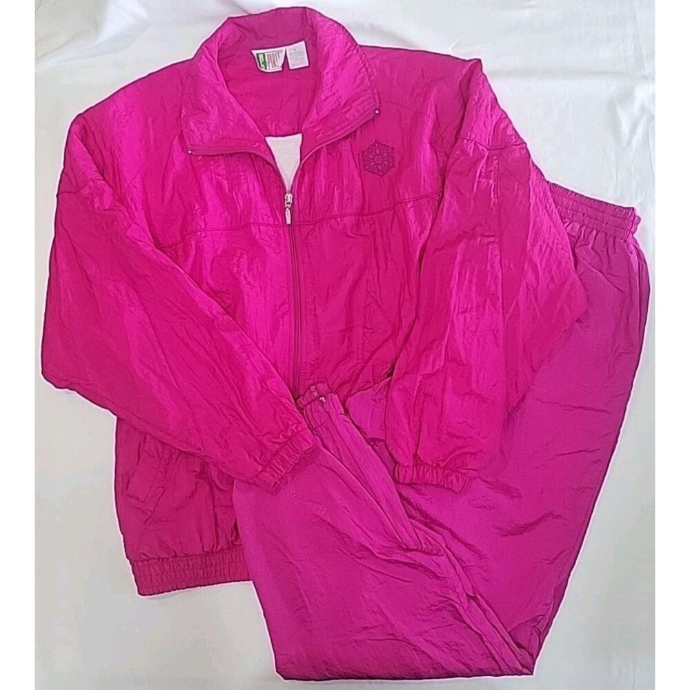 Vintage 80s Bold Spirit Pink Nylon Track Suit Set L Embroidered Neon Retro